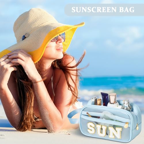Image of COSHAYSOO Clear Sunscreen Bag Makeup Toiletries Pouch Beach Vacation Essentials Summer Travel Stuff Accessories Personalized Graduation Gifts for Her Women College Teen Girls Teacher Nurse Blue SUN