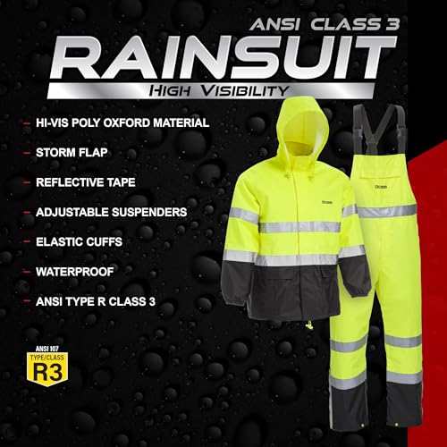 Boss Unisex High Visibility ANSI Class III Rain Suit Jacket and Bib, Water Resistant, Reflective 3M Tape, 2X-Large (B44530-2XL)