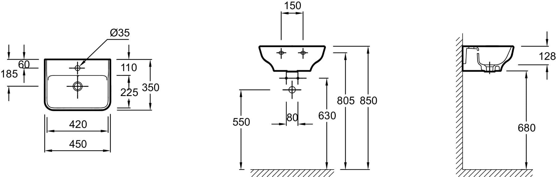 Jacob Delafon - Lave-mains Struktura 45cm, non meulé pour installation sur colonne ou suspendu - 1 trou avec trop plein - Blanc -EGH112-00