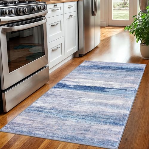 KOZYFLY 3x5 Rug Modern Ombre Living Room Area Rug, Washable Rugs for Bedroom Non-Slip Soft Stain Resistant Striped, Print Distressed Blue/Grey/Beige Abstract Carpet for Living/Laundry/Kid Room