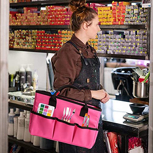 Image of ZKOO Craft Organizer Tote Bag, Portable Art Supply Storage Caddy with 6 Pockets & Removable Divider, Multi-Purpose Teacher Bag for Sewing, Scrapbooking, Office & Travel - Pink, Small