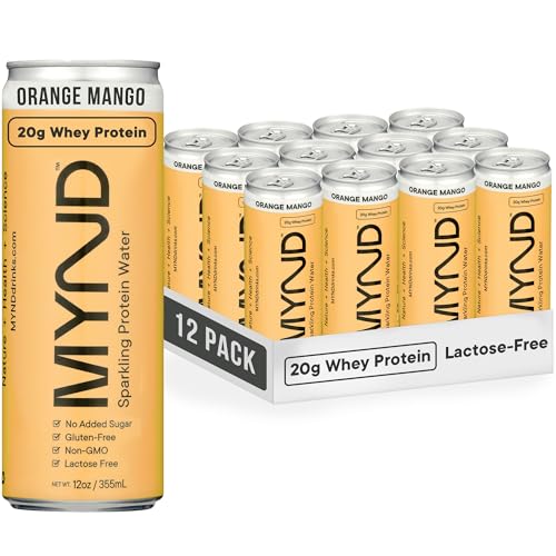 Image of MYND Sparkling Protein Water, Clear Protein Drink - 20g Whey Protein Isolate Per Can, 12 Pack - Lactose Free, Gluten Free, No Added Sugar - Ready-to-Drink Carbonated Protein Drinks - Orange Mango