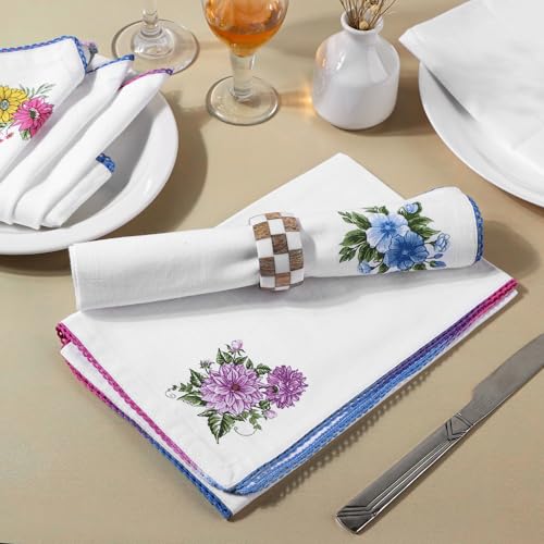 Image of FINGERCRAFT Cloth Napkins Set of 12 Cotton Linen Blend Fabric with Classic Lace 20x20 Inch Dinner Napkin Durable and Good Absorbency for Home, Hotels, Parties (Multi Floral)