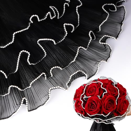 Papier cadeau fleurs noires lot de 3 rouleaux 4m plissé pour bouquet