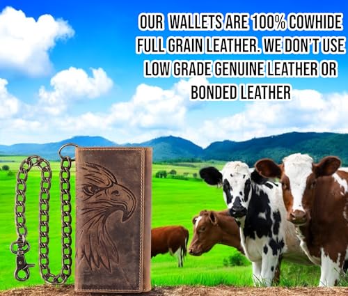 Image of F&L CLASSIC RFID Blocking Mens Tri-fold Long Style Cowhide Leather Steel Chain Wallet,brown eagle head,212-102