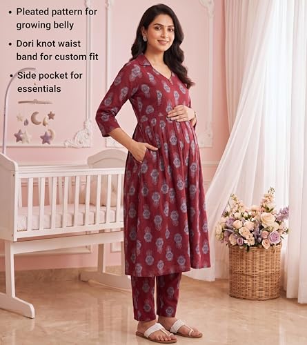 Image of DUMMY SHAPE Maternity Dresses for Women Cotton Rayon | Floral Kurta Pant Dupatta Set with Nursing Zippers to Pre & Post Partum | Feeding Kurtis | Mom to Be Gifts for Pregnant Woman