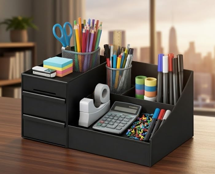 Image of ROKTRY Stationary Organizer with 2 Drawers & 9 Compartments | All-in-One Office Stationery Storage Box for Desk, School & Home | Space-Saving Metal Pen Stand & Desktop Accessories Caddy (Matte Black)
