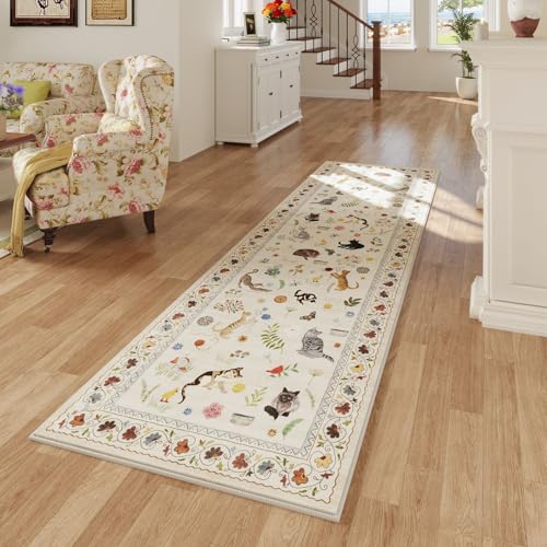 Runner Rug for Kitchen Non Slip 2'x6' Washable Rugs with Rubber Backing Soft Floral Animal Cat Carpet for Kitchen Laundry Bedroom Bathroom, Beige