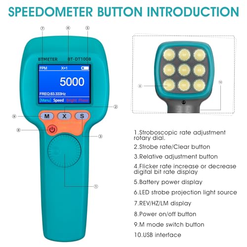 Image of BTMETER Digital LED Stroboscope Tachometer DT100B Non Contact Strobe Light | 60-999,999 RPM /Hz, 0.001% High Accuracy for Car Engine Gear HVAC Motor Troubleshoot w /Data Storage,Freeze Motion in Real-Time
