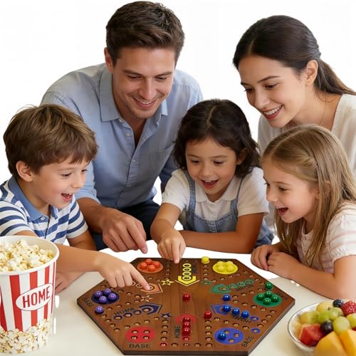 Wooden Board Games- -Marble Board Game -Surfacepainting-Double Sided Painted 15inch Fast Track for 6 and 4 Players with 6 Colors 30 Marbles 6 Dice for Kids Friends Family Game Party (Walnut) - Image 2