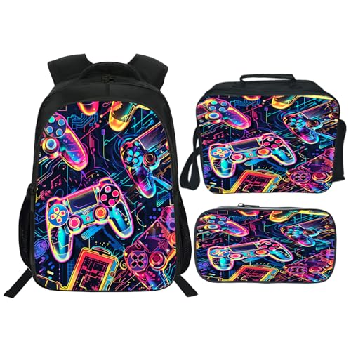 Gaming Backpack Kids Game Bookbag 16inch Schoolbag With Lunch Box Bag Pencil Case Set For Boys Girls