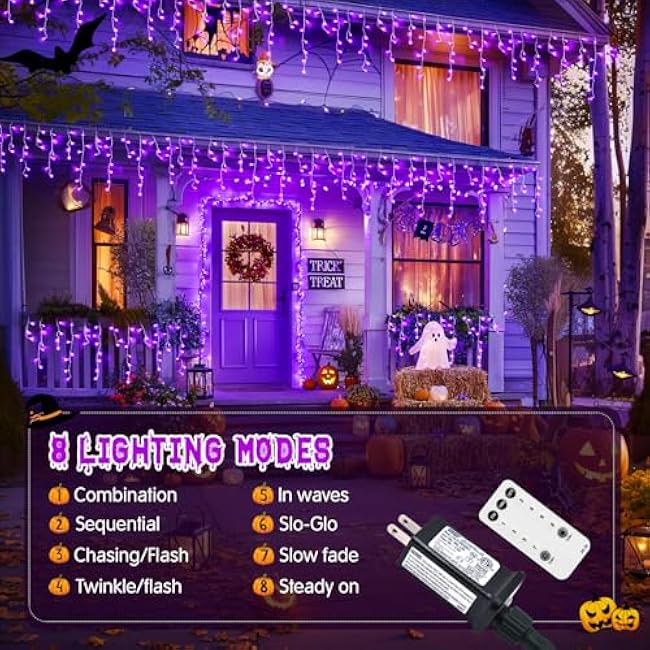 JMEXSUSS Purple Halloween Lights Outdoor, 800 LED Purple Icicle Lights Outdoor Waterproof, 8 Modes String Light Plug in for Fireplace Tree Garden Patio Halloween Decor