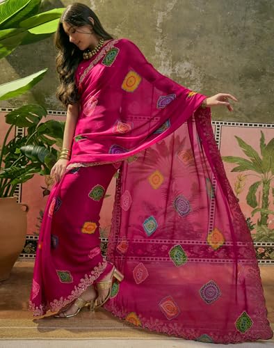Image of SIRIL Women's Chiffon Scalloped Border Sequins Embroidery Saree with Unstitched Blouse Piece