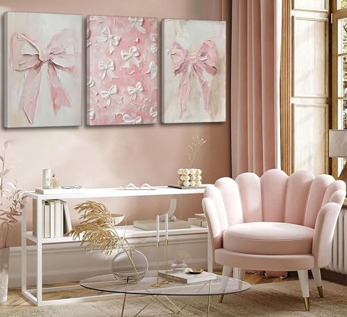Image of 3Pcs Trendy Pink Bow Canvas Wall Art Vintage Cute Preppy Watercolor Bow Painting Pictures Wall Decor Posters Prints Girly Aesthetic for College Apartment Bedroom Decoration