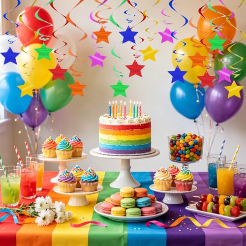 Image of BEISHID Assorted Rainbow Pre-Strung Stars Hanging Swirls Rainbow Hanging Decorations for Baby Shower Wedding Birthday Party Decorations Supplies,Pack of 18