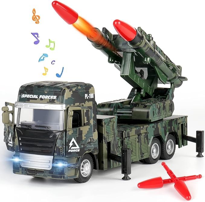 Image of Military Two Missile Launcher Truck with Lights & Sounds - Pull Back & Go Missile Model for Kids - Missiles Military Die Cast Fighting Truck Gift for Kids (Multicolor)