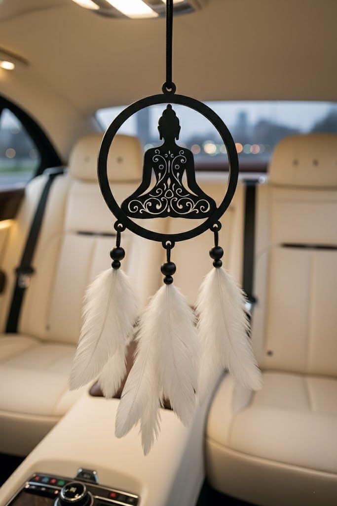 Dream Catchers for Car & Home - Handmade Decorative Car Hanging Ornament with Buddha Design, Wind Chime Style Feathers for Rear View Mirror, Window, Room & Garden Décor-image-10