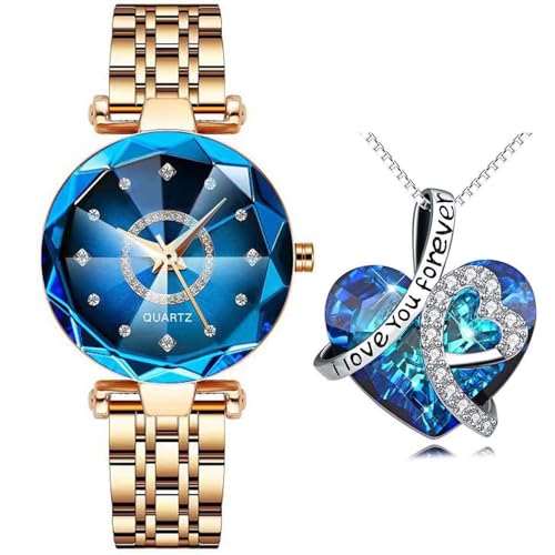 Montre femme or rose luxe et cristal bleu pour une élégance raffinée
