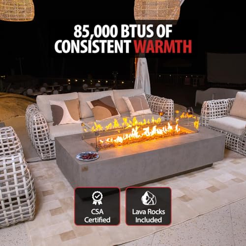 Image of AMS Creations | Savanah 72 inch Bundle Rectangular Cast Concrete Propane Gas Fire Pit Table | Light Gray | Travertine Texture Surface | Electronic Ignition| Outdoor Patio Heater Outside Backyard Fireplace