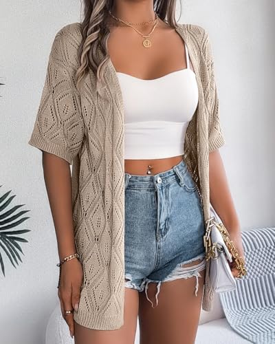 Sulozom Crochet Summer Cardigans for Women Lightweight Short Sleeve Open Front Kimono Boho Beach Vacation Clothes4