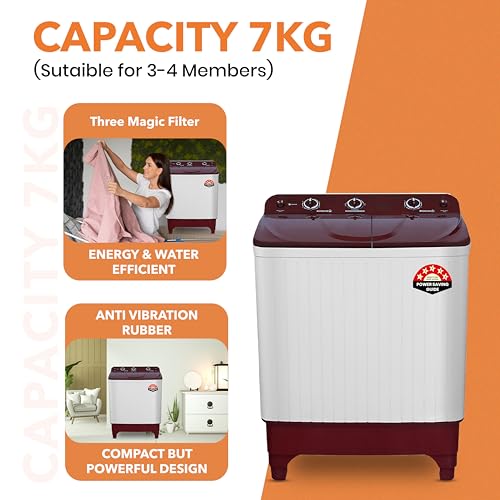 Image of Power Guard 7 kg 5 Star Semi-Automatic Top Loading Washing Machine Appliance (PG70WM-BG-OP, Burgundy, Powerful Motor, Effective Wash Pulsator,Air Turbo Drying,1380 RPM & Castors)