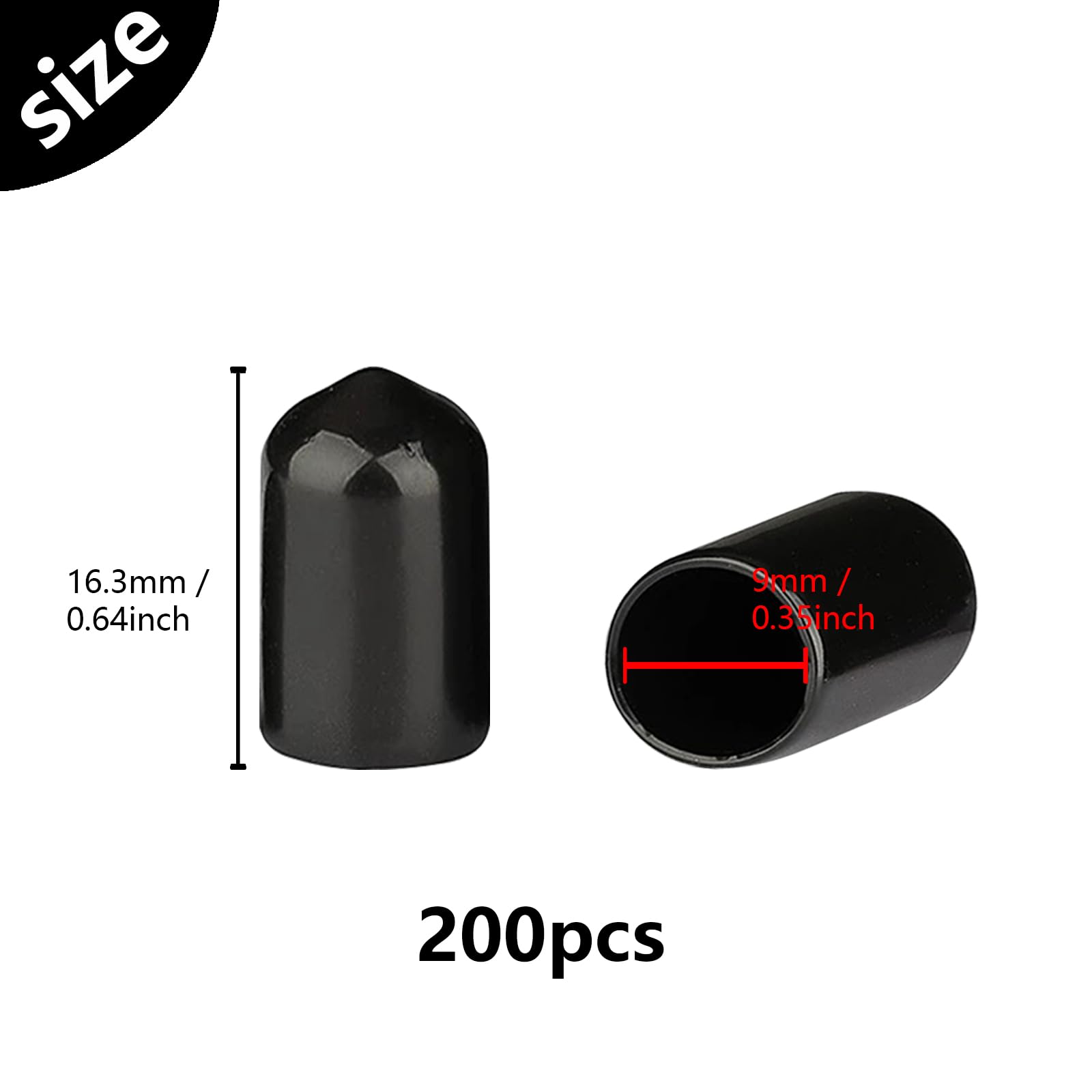 HLIWS 200 Pcs Round Rubber End Caps Protective Caps, 9mm,Black Vinyl Cover Screw, Thread Protectors Assortment - Image 2