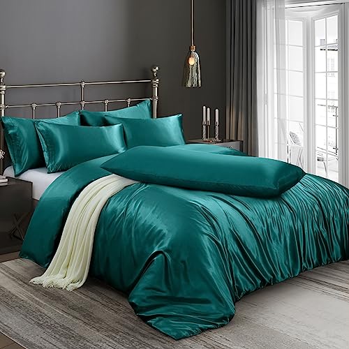 Image of Ersmak 6 Pieces Satin Duvet Cover King Size Luxury Silky Bedding Duvet Cover Set with 1 Soft Duvet Cover, 4 King Pillowcases and 1 Body Pillowcase, Teal