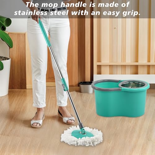 Image of Urbane Home Plastic Spin Mop with Stainless Steel Wringer | Big Bucket Moppers for Cleaning Floor, 2 Refills | 360 Floor Cleaner Mopping Set for Home & Office | Pocha Stick - (Mint Green)