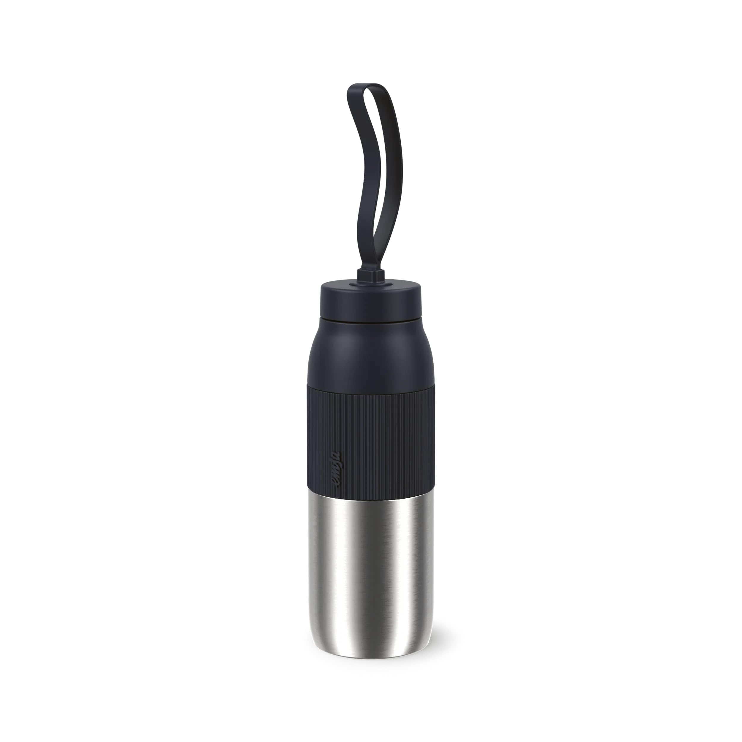 Emsa beYou Twist N2193700 Insulated Water Bottle 0.5 Litre with Integrated Strainer and Lanyard 100% Leak-Proof Dishwasher Safe for Travel, Travel, Office, Suitable for Carbonated Drinks, Black