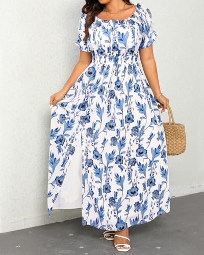 Image of Holipick Women's Off The Shoulder Boho Dress Plus Size Floral Smocked Waist Split Summer Maxi Sundress with Pockets