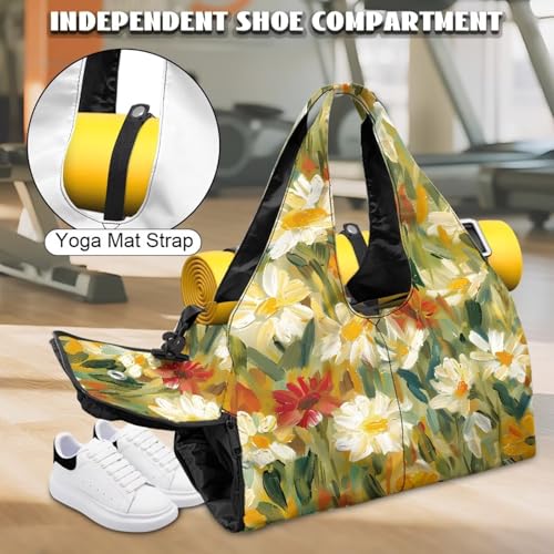 Vintage Floral Duffle Bag for Women with Yoga Mat Strap, Lightweight Waterproof Green Gym Bag with Shoe Compartment Wet Pocket Fitness Workout Stylish Sport Tote Bag3