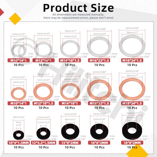 Image of Hilitchi 150Pcs Aluminum Copper Oil Drain Plug Gasket and Black Nylon Flat Washer Assortment Kit, M10 M12 M14 M16 M18 Oil Crush Washers Sealing Washers Rubber Grommet for Car Household Appliances