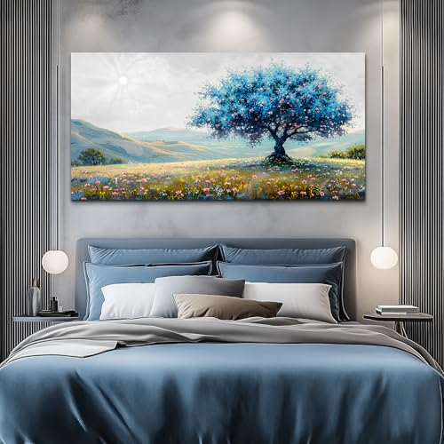 FUHAIHUA Large Wall Decor For Living Room Canvas Wall Art For Office Modern Wall Decorations For Bedroom Pastoral Landscape Painting Blue Tree Pictures Artwork Room Aesthetic Home Decor 24x48 In