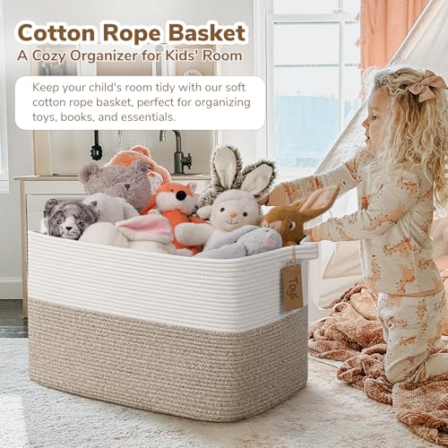 Image of Goodpick 75L Extra Large Woven Rope Blanket Basket, Rectangle, Light Brown | 22 inch x 17 inch x 12 inch Decorative Storage Basket for Blankets, Toys & Clothes, Fits Living Room, Bedroom & Nursery Organization