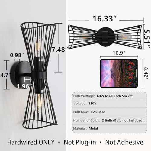 Image of Black 2-Light Vanity Wall Sconce Farmhouse Light Fixtures Over Mirror Modern Up and Down Sconces Large Wall Light Hardwired Wall Lamp for Hallway Bedroom Kitchen Bathroom