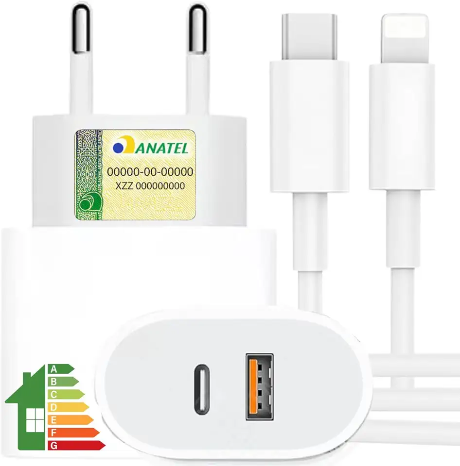 UTBRX Carregador Turbo 40w com Cabo e Fonte Entrada Dupla Carregador Rápido Compatível com iPhone X Xr SE 11 12 13 14, Conexão Lightning USB-C, Bivolt 110/220V - Premium Duo