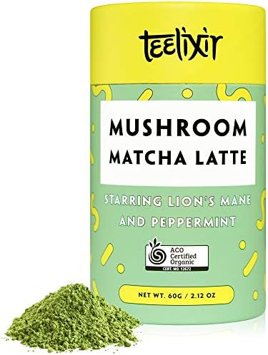 Teelixir Mushroom Matcha Latte Drink Mix (2.1 oz) Certified Organic Ceremonial Grade Japanese Matcha Green Tea Powder with Lion's Mane Mushroom and Peppermint - Vegan, Paleo, Gluten Free, Zero Sugar
