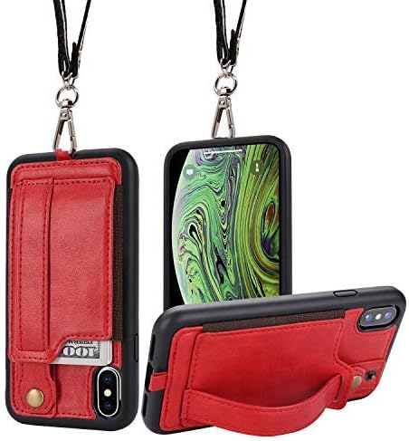 TOOVREN iPhone X/Xs Wallet Case Phone Lanyard Neck Strap iPhone Xs / 10 Protective Case Cover with Stand Leather PU Card Holder Adjustable Detachable iPhone Lanyard for Anti-Theft and Activity Red