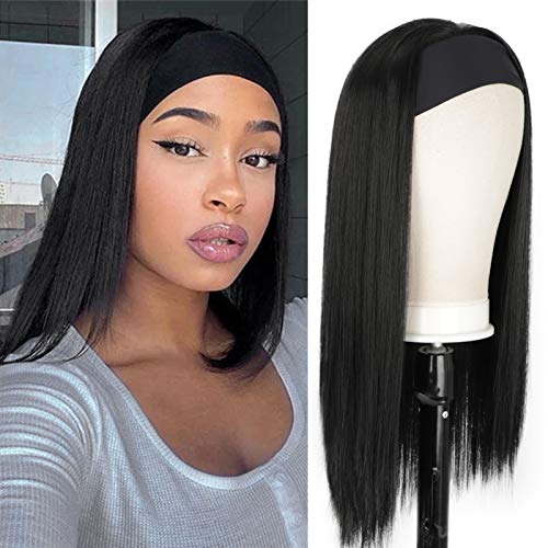 Stamped Glorious Long Straight Headband Wigs for Women Black Synthetic Headband Wigs Silky Straight Hair Wigs 20 Inch for Daily Party Use (Black, 20 Inch)