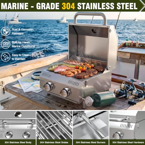 Image of BESTFIRE Marine Boat Grill 20000 BTU 304SS Rod Mount | 304 stainless steel | Fits 15 /30 /90 rod holders | Dual propane connections | Removable 4-leg stand | Saltwater-ready