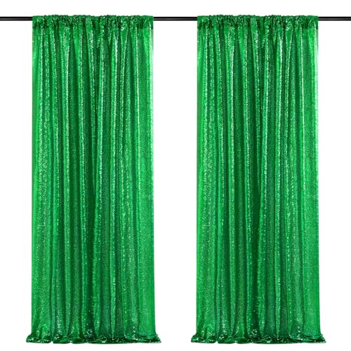 Image of Green Sequin Backdrop Curtains-2 Panels 3FTx8FT Green Backdrop for Wedding, Glitter Party Decorations Background Drapes for Birthday Party Anniversary Graduation Photo Booth Decor