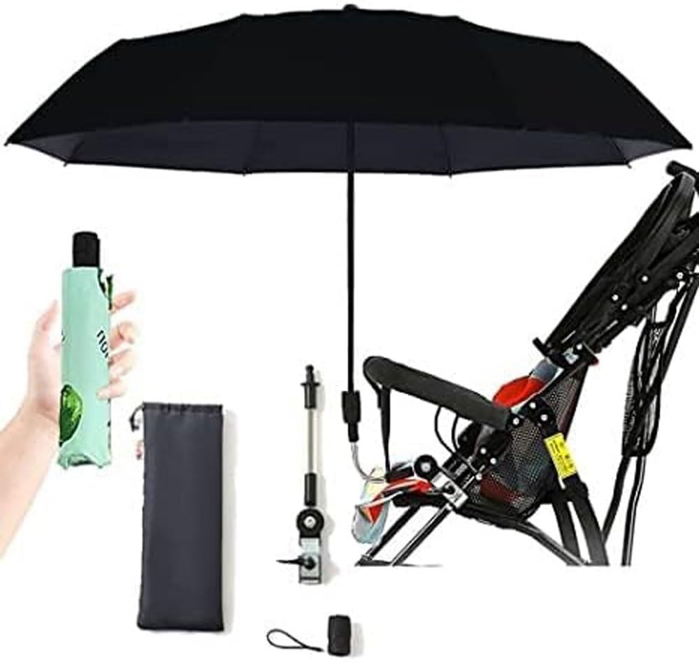 Sombrilla universal para cochecito de bebé, protección UV 360°, impermeable, con clip ajustable (color: negro, tamaño: 95 cm) (