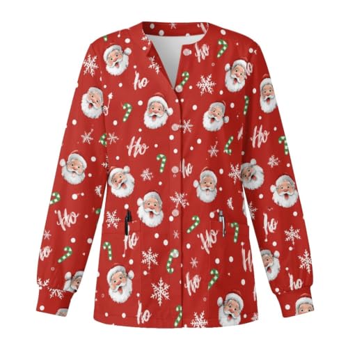 Xarleslyna Cartoon Santa Print Pediatric Scrub Jacket for Women Button Down