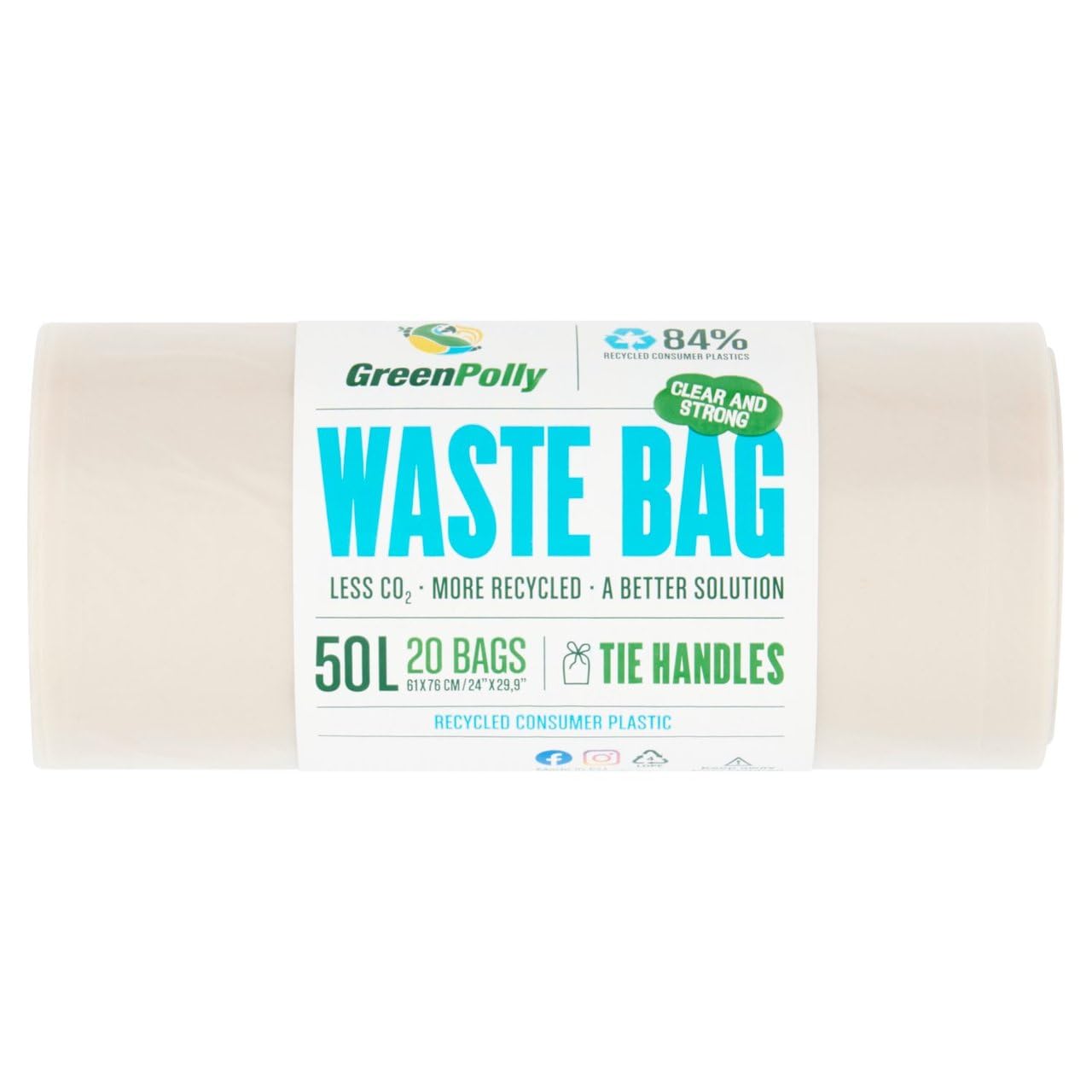 GreenPolly 50L Recycled Bin Bags with Tie Handles (20 Count)