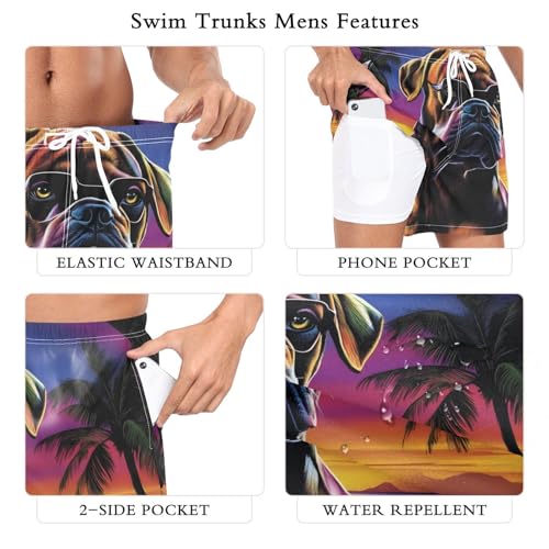 Mens Swim Trunks with Liner, Dog Hawwii Beach Cool Quick Dry Beach Swim Shorts, Swimwear Bathing Suits S3