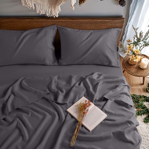Image of 100% Pure Linen Sheet Set for Hot Sleepers 4pcs Sheet Set 1 Flat Sheet, 1 Fitted Sheet, 2 Pillowcases (Dark Gray Queen)