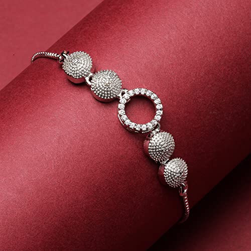 Image of ZENEME Rhodium-Plated Silver Toned American Diamond Geometric Circle Bracelet for Women & Girls CZ Studded Adjustable Designer Bracelet
