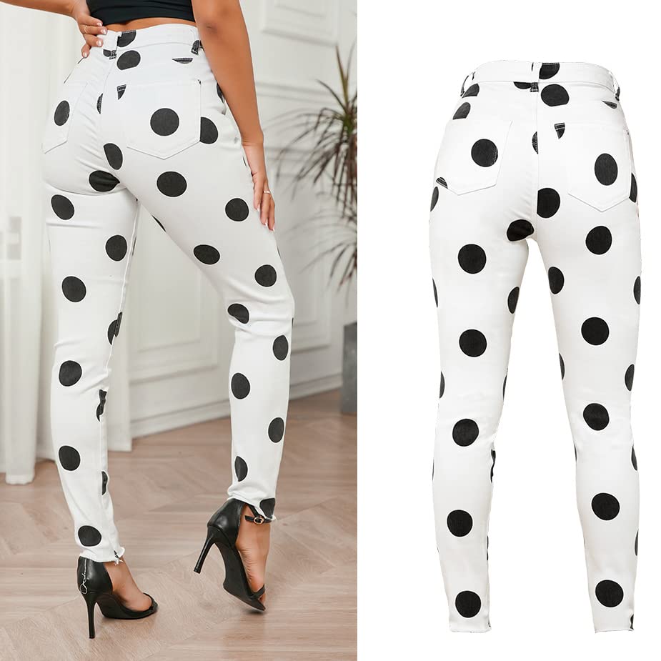 Women's Sexy Polka Dot Print Pencil Jeans White Slim Retro Jeans4