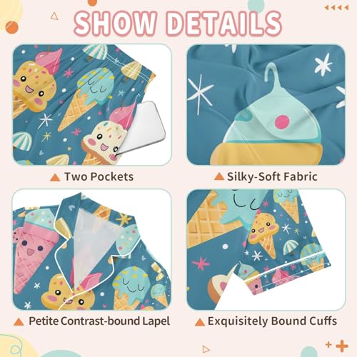 senya Cartoon Ice Cream A Satin Summer Pajama Sets Silk Short Sleeve Button Down Sleepwear3