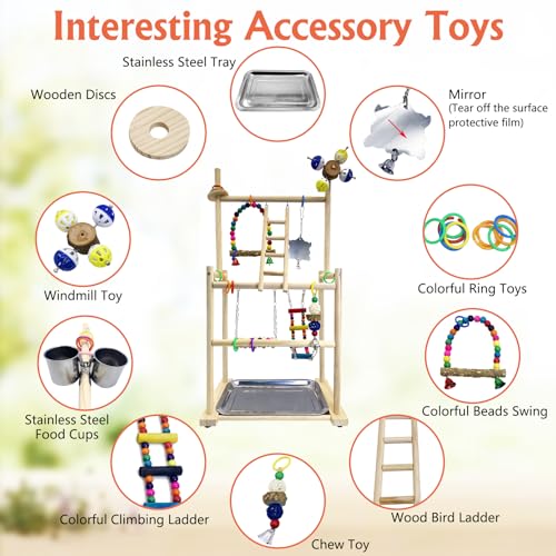Image of Hamiledyi Natural Wood Bird Playground - Large 3-Tier Perch Stand with Exercise Platforms Durable Activity Gym for Parrots, Cockatiels and Small Birds Bird Stand with Ladders and Swings